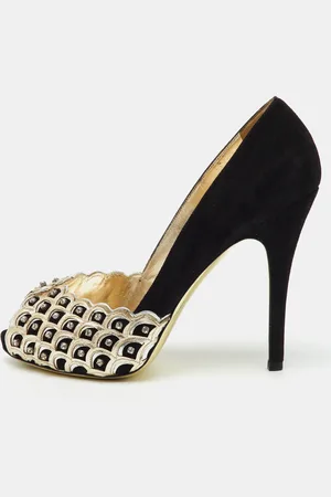 VALENTINO /Gold Suede Crystal Embellished Peep Toe Platform Pumps Size 37.5