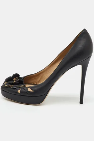 VALENTINO Leather Flower Embellished Peep Toe Platform Pumps Size 38.5