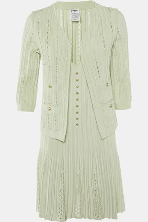 CHANEL Mint Ribbed Knit Dress & Cardigan Set M/L