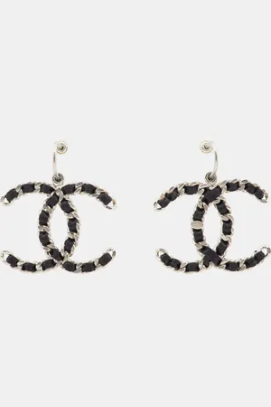 CHANEL Satin Silver Tone CC Chain Logo Dangle Earrings
