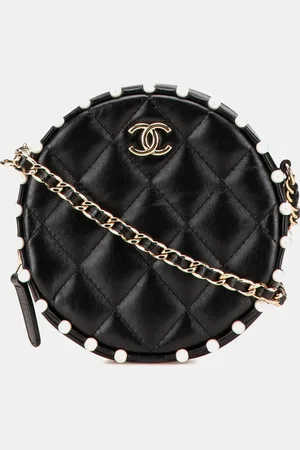 CHANEL Quilted Calfskin Pearl Studded Round Clutch with Chain