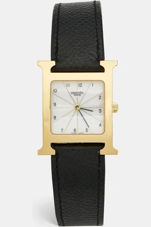 Hermès White Yellow Gold Plated Stainless Steel Leather Heure H HH1.510 Women