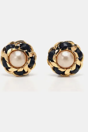 CHANEL Chanle Gold/Black Faux Pearl and Leather Chain Iconic Clip On Earrings