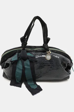 Lanvin /Black Croc Embossed Leather and Satin Top Zip Satchel