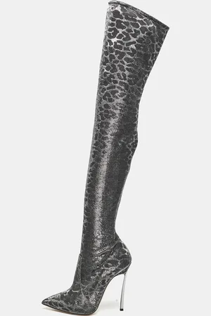 Casadei Leopard Print Lurex Fabric Thigh High Boots Size 36
