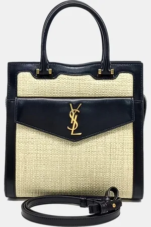 Saint Laurent Black Leather and Raffia Uptown Bag Small