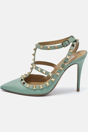 VALENTINO Light Leather Rockstud Ankle Strap Pumps Size 38.5