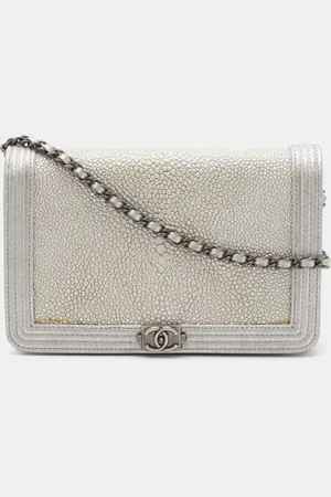 CHANEL Boy Coco Mark Chain Wallet Shoulder Bag Pochette Galuchat Metallic Leather