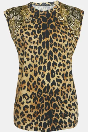 Balmain Leopard Print Embellished Cotton Blend Knit Tank Top M