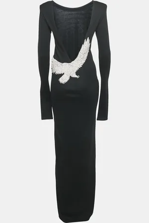 Balmain Eagle Embroidered Cotton Knit Plug Neck Maxi Dress M