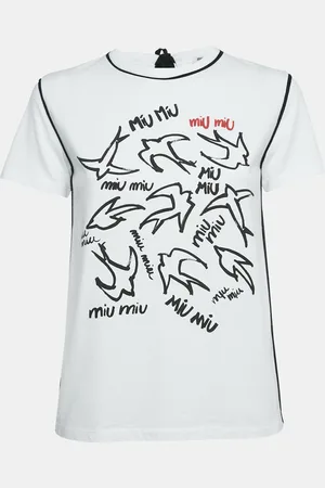 Miu Miu Bird Print Cotton Knit Rear Tie-Up Detail Top S