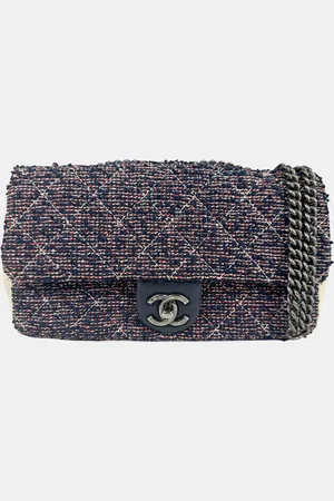 CHANEL Navy /White Red Tweed Leather Shoulder Bag