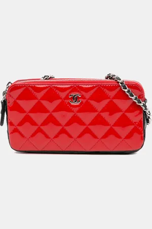 CHANEL /Red Bicolor Patent Double Zip Wallet on Chain