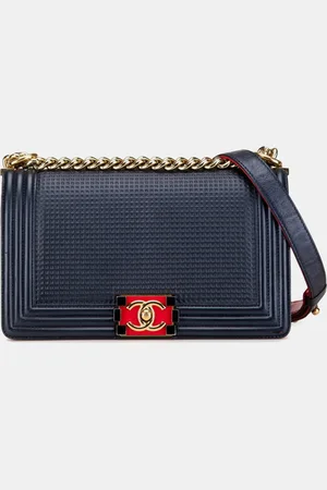 CHANEL Navy Red Leather Coco Mark Boy Chain Shoulder Bag