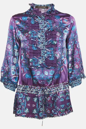 Roberto Cavalli Floral Print Silk Ruffled Top M