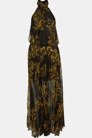 VERSACE Printed Pleated Chiffon Halter Neck Maxi Dress M