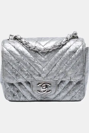 CHANEL Mini Square Classic Chevron Metallic Crumpled Patent Single Flap