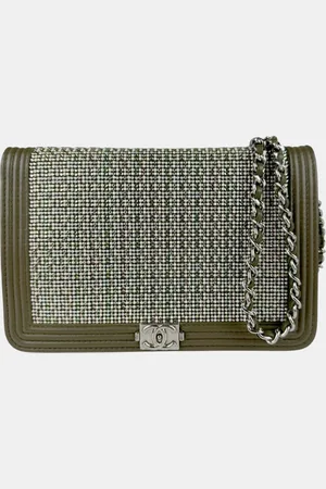 CHANEL Khaki Silver Rhinestone Leather Chain Wallet