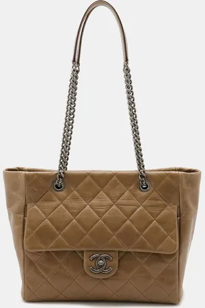 CHANEL Leather Khaki Matelasse Coco Mark Chain Tote Bag