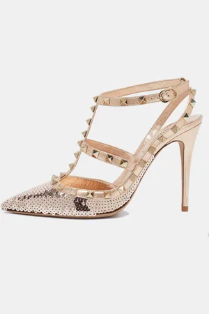 VALENTINO Rose Gold Sequins and Leather Rockstud Ankle Strap Pumps Size 39