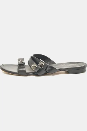 CHANEL Leather CC Turnlock Triple Strap Flat Slides Size 40