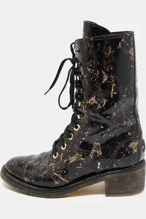 CHANEL /Gold Textured Leather Mid Calf Length Boots Size 40