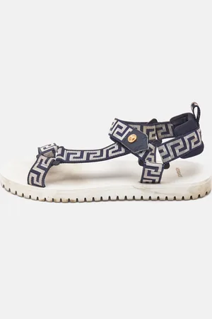 VERSACE /White Canvas La Greca Flat Sandals Size 43