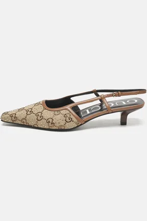 Gucci /Brown GG Canvas and Leather Crystal Embellished Slingback Pumps Size 39