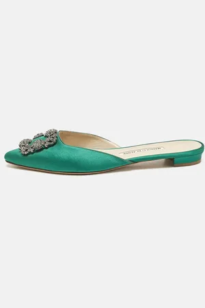 Manolo Blahnik Satin Hangisi Crystal Embellished Flat Mules Size 38