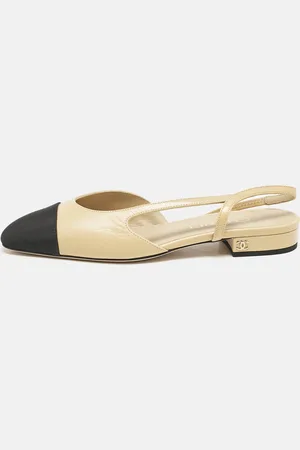 CHANEL /Black Leather and Grosgrain Cap Toe Slingback Flats Size 37
