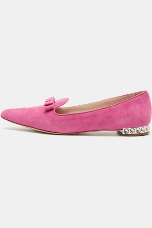 Miu Miu Suede Bow Detail Crystal Embellished Heel Ballet Flats Size 39.5