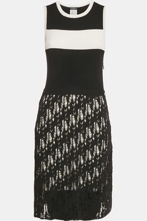 CHANEL Rib Knit and Patterned Knit Sleeveless Short Dress M