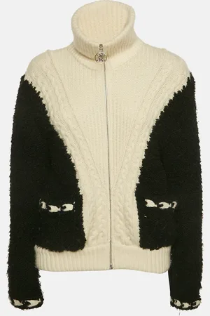 CHANEL /White Cable Knit and Shearling Zip-Up Jacket S
