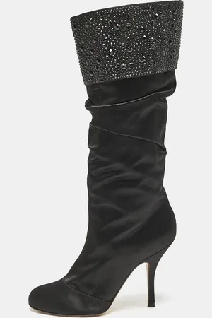 Gina Satin Crystals Embellished Pleated Mid Calf Boots Size 37