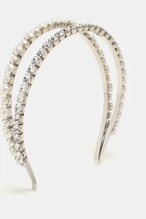 Miu Miu Silver Faux Pearl and Crystal Embellished Double Headband