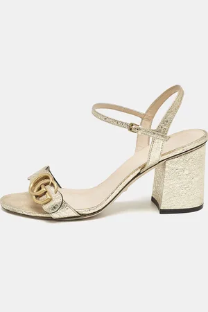Gucci Metallic Leather GG Marmont Block Heel Ankle Strap Sandals Size 38.5