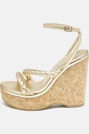 Jimmy Choo Gold Leather Diosa Wedge Sandals Size 38.5