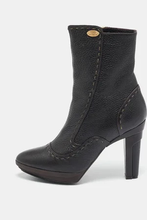 Fendi Dark Selleria Leather Zip Ankle Length Boots Size 35