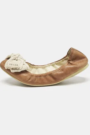 Prada /White Leather And Canvas Scrunch Bow Ballet Flats Size 37.5