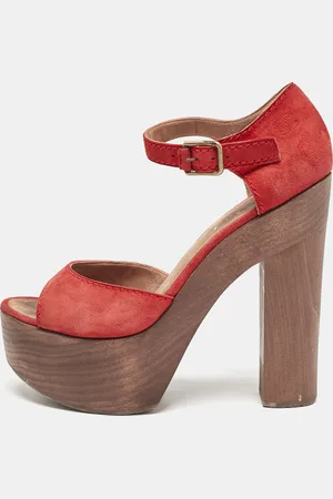 CHANEL Suede and Wood Block Heel Platform Ankle Strap Sandals Size 38