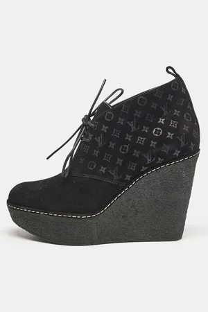 LOUIS VUITTON Monogram Suede Wedge Ankle Boots Size 36