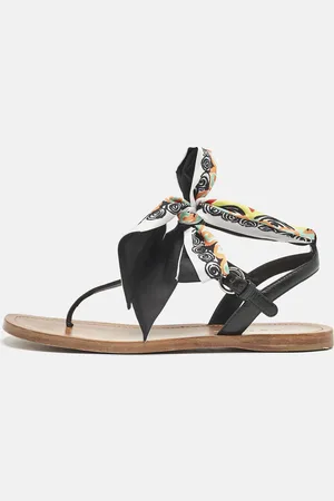 Prada Saffiano Leather T-Strap Ribbon Flat Sandals Size 40