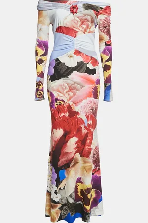 Roberto Cavalli Floral Print Jersey Brooch Detail Maxi Dress S