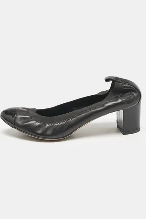 CHANEL Leather Cap Toe Scrunch Block Heel Pumps Size 39