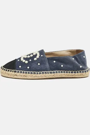 CHANEL /Black Suede Faux Pearl CC Cap Toe Espadrille Flats Size 37