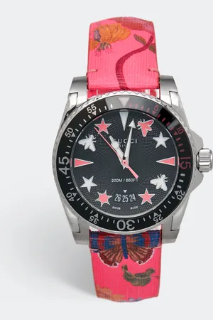 Gucci Black Stainless Steel Floral Print Calfskin Leather Dive YA136326 Women