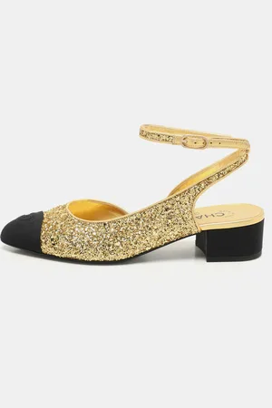 CHANEL /Black Fabric and Glitter CC Ankle Strap Pumps Size 37.5