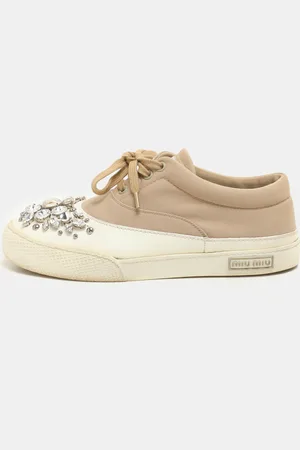 Miu Miu /White Canvas and Rubber Crystal Embellished Cap Toe Sneakers Size 36.5
