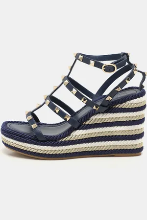VALENTINO Leather Rockstud Strappy Wedge Sandals Size 37