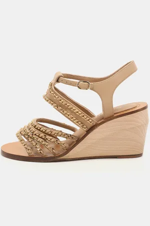 CHANEL Leather Chain Embellished Wedge Sandals Size 37